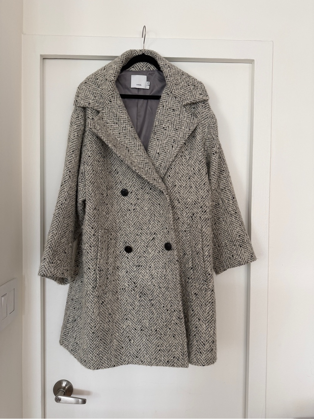 Vince Women’s Ivory and Black Herringbone Pea Coat